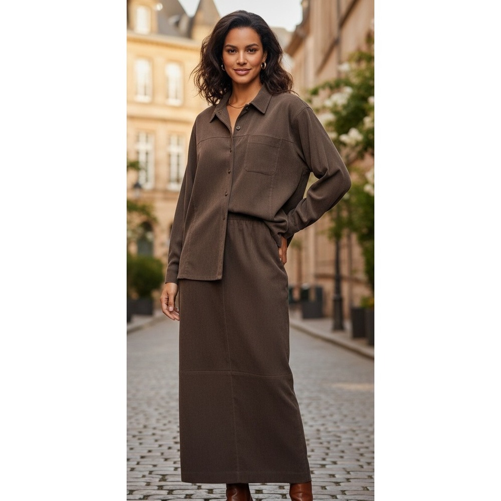 Talbots Skirt 16 & Button Up Shirt Large Set Stretch Brown Women's Career Office